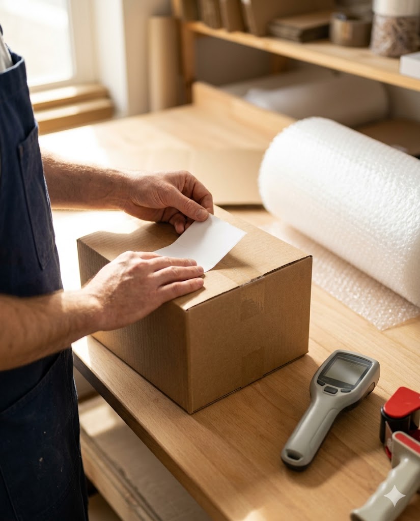 Carefully applying a shipping label to a package